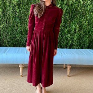 Vintage Victorian Red Burgundy Velvet Ralph Lauren Midi Long Sleeve Dress